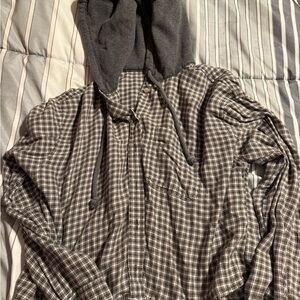 American Eagle Outfitters Gray Plaid Shirt with Hood